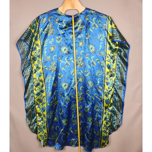 Secret Treasures Kaftan Womens OSFM Blue Yellow Floral Satin Tunic Lounge Top - Picture 4 of 6